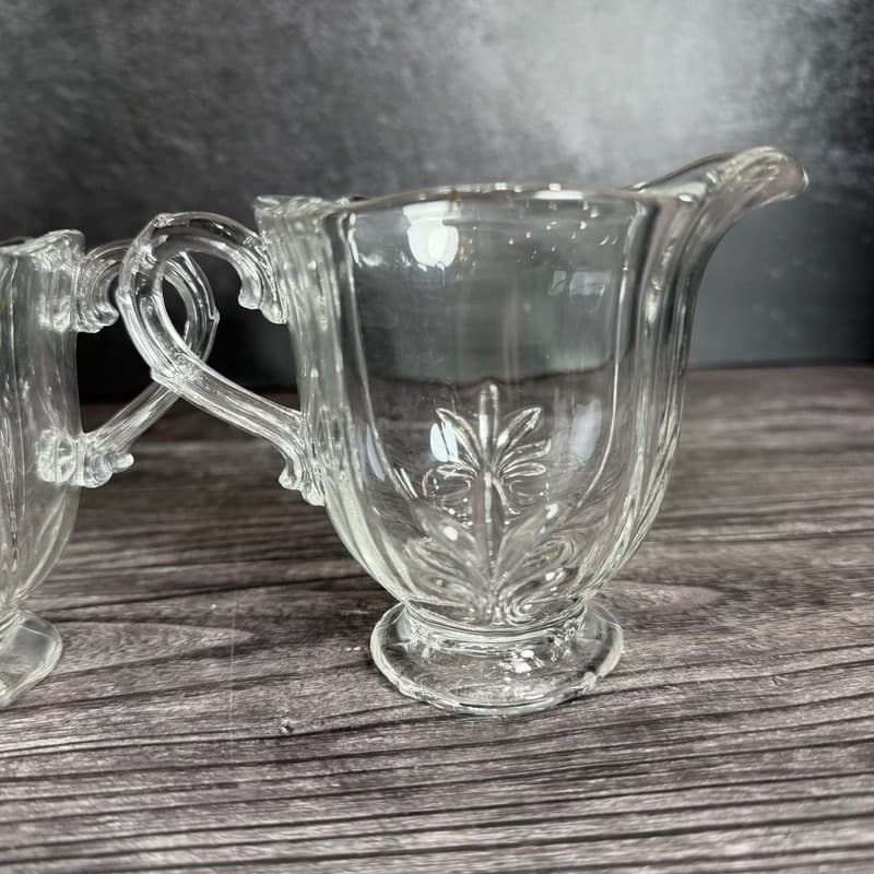 Vintage Fostoria Baroque Clear Glass Fleur de Lis Sugar Bowl and Creamer Set - Thumbnail 2