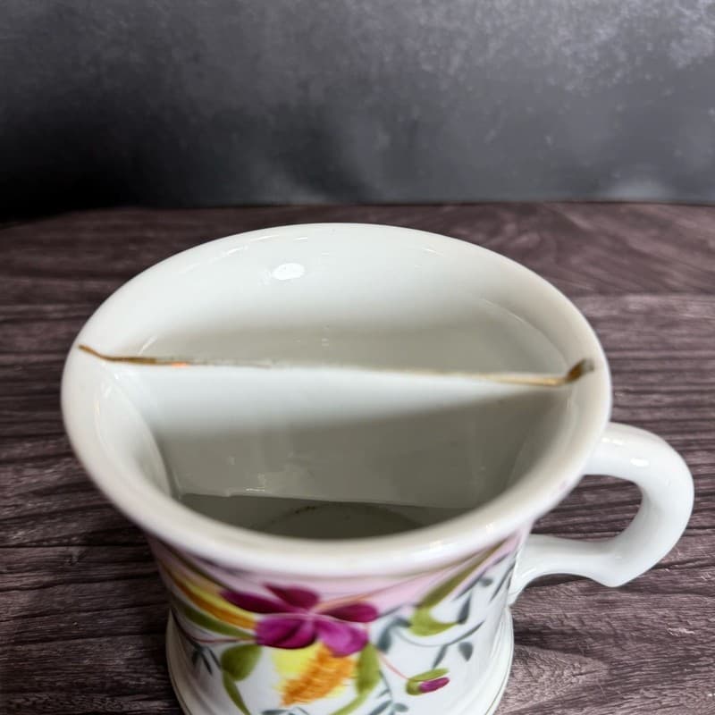 Vintage Porcelain Mustache Cup Mug Floral Design Pink White Gold Trim - Thumbnail 4