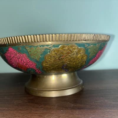 VTG Solid Brass Enesco Peacock 7.75” Made In India Gold Pink Blue Bowl Metal K - Thumbnail 6