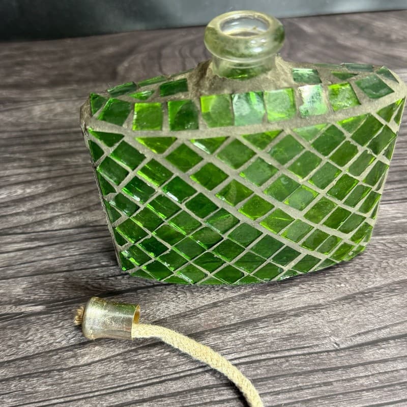 Vintage Italian Green Mosaic Glass Oil Lamp Flask Bottle with Wick - Thumbnail 2