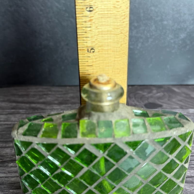 Vintage Italian Green Mosaic Glass Oil Lamp Flask Bottle with Wick - Thumbnail 8