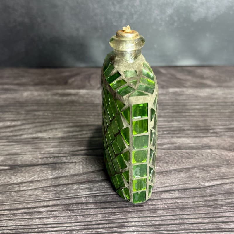 Vintage Italian Green Mosaic Glass Oil Lamp Flask Bottle with Wick - Thumbnail 4
