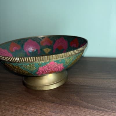 VTG Solid Brass Enesco Peacock 7.75” Made In India Gold Pink Blue Bowl Metal K - Thumbnail 5