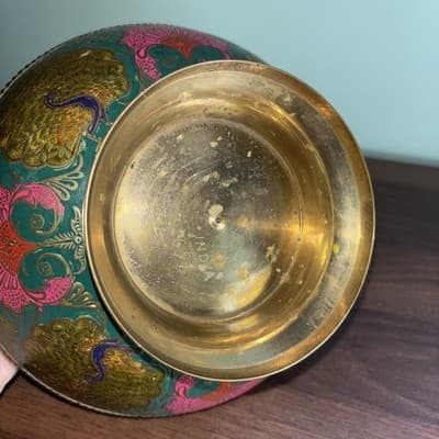 VTG Solid Brass Enesco Peacock 7.75” Made In India Gold Pink Blue Bowl Metal K - Thumbnail 9