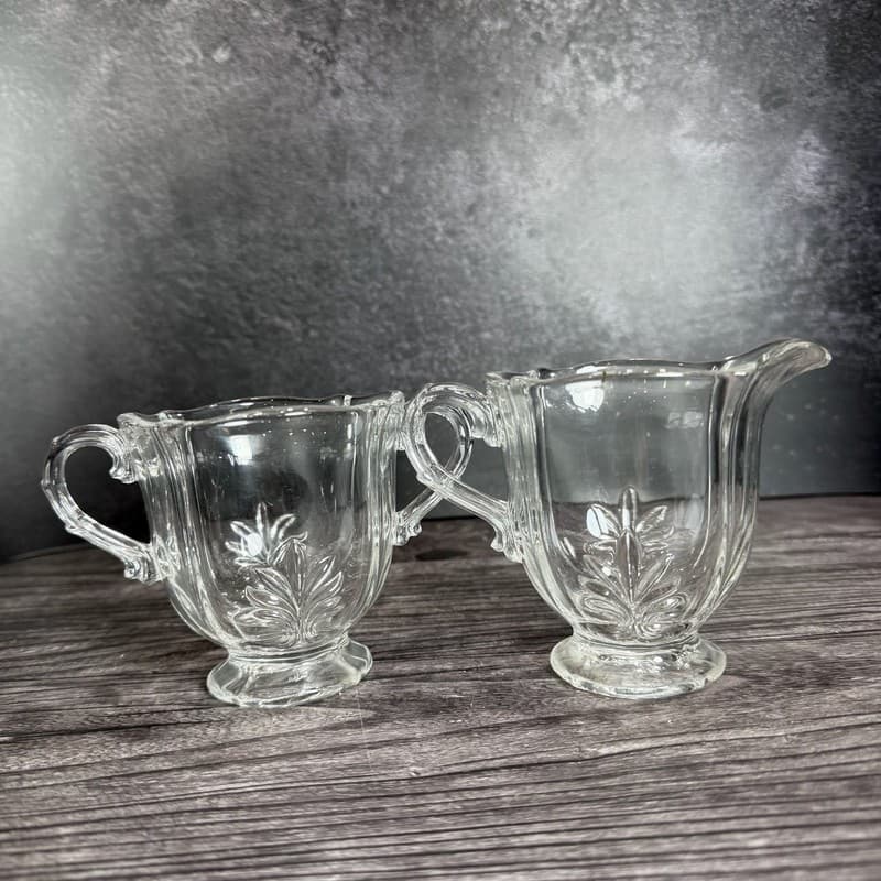 Vintage Fostoria Baroque Clear Glass Fleur de Lis Sugar Bowl and Creamer Set