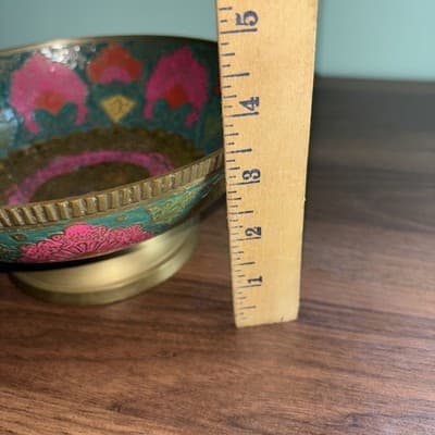 VTG Solid Brass Enesco Peacock 7.75” Made In India Gold Pink Blue Bowl Metal K - Thumbnail 13