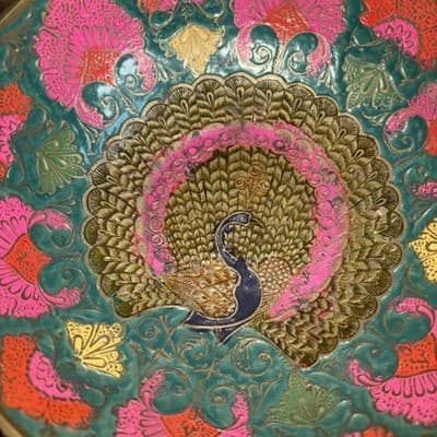 VTG Solid Brass Enesco Peacock 7.75” Made In India Gold Pink Blue Bowl Metal K - Thumbnail 2