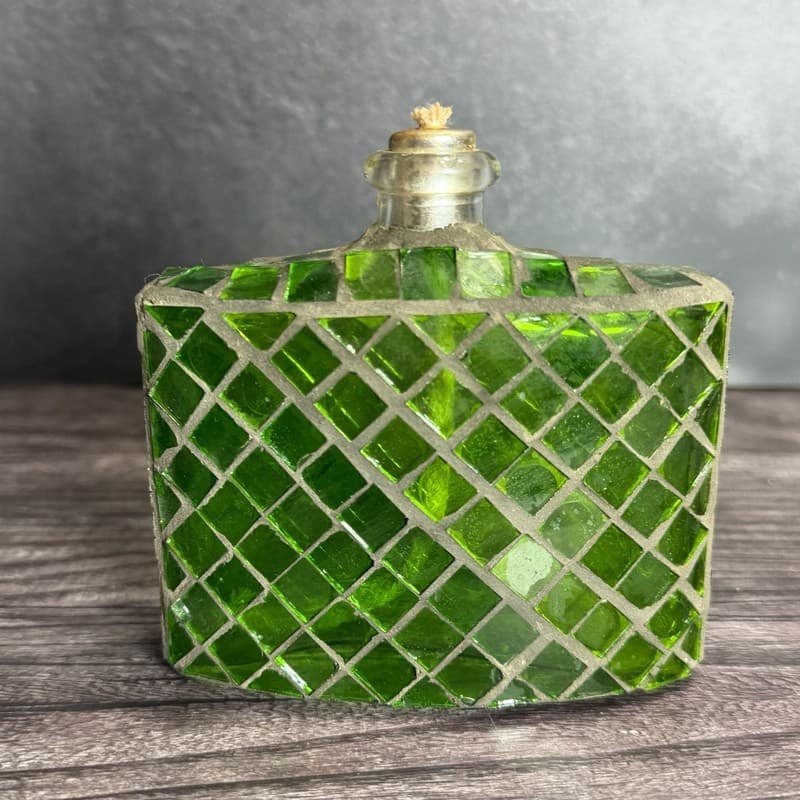 Vintage Italian Green Mosaic Glass Oil Lamp Flask Bottle with Wick