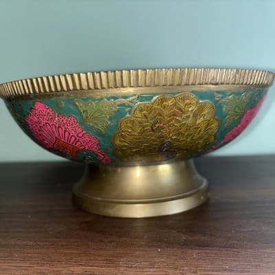VTG Solid Brass Enesco Peacock 7.75” Made In India Gold Pink Blue Bowl Metal K - Thumbnail 7