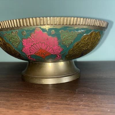 VTG Solid Brass Enesco Peacock 7.75” Made In India Gold Pink Blue Bowl Metal K - Thumbnail 8