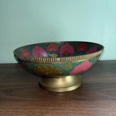 VTG Solid Brass Enesco Peacock 7.75” Made In India Gold Pink Blue Bowl Metal K - Thumbnail 4