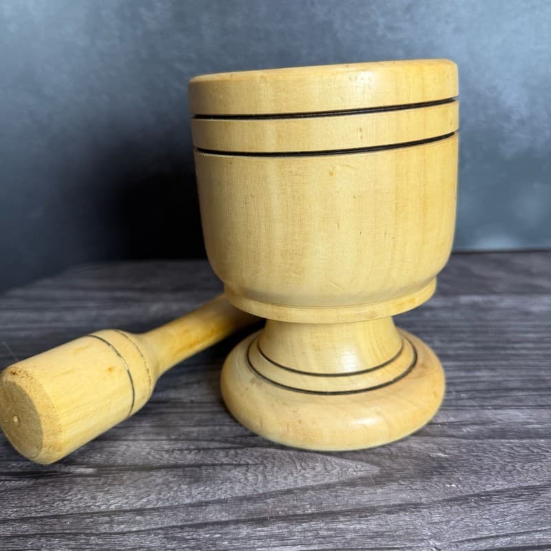 Vintage Rustic Hand Carved Wooden Mortar and Pestle Set for Herbs and Spices - Thumbnail 5