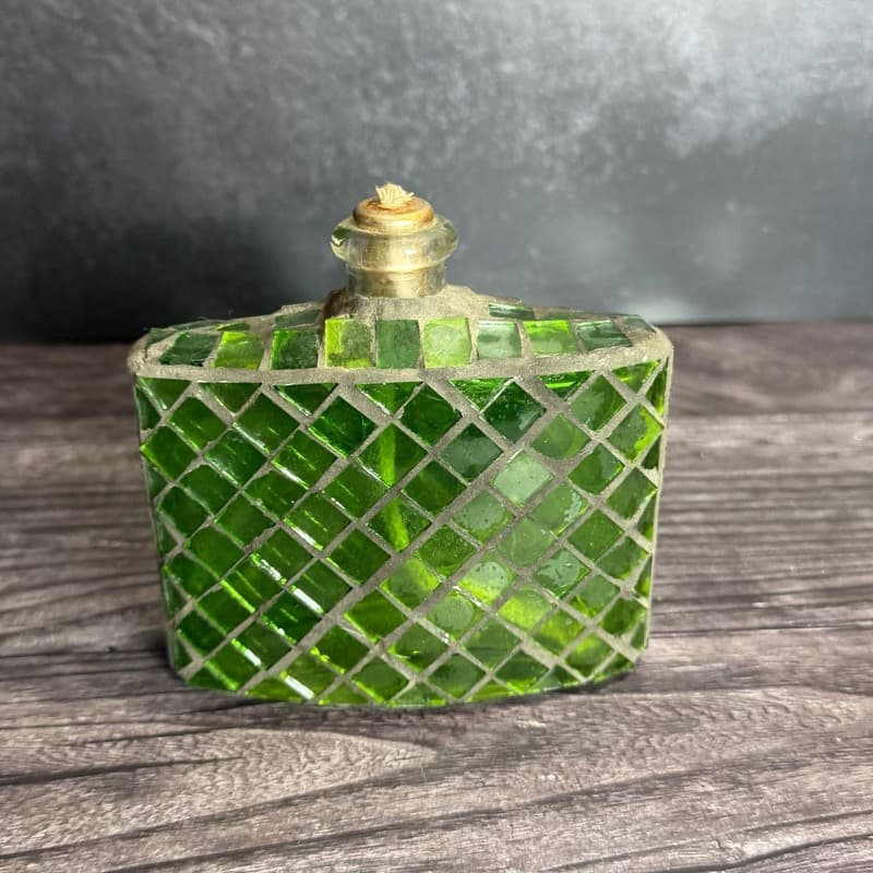 Vintage Italian Green Mosaic Glass Oil Lamp Flask Bottle with Wick - Thumbnail 3