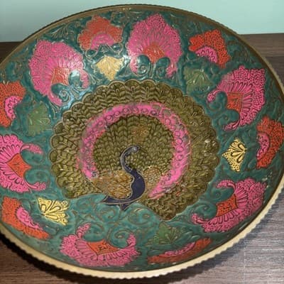 VTG Solid Brass Enesco Peacock 7.75” Made In India Gold Pink Blue Bowl Metal K - Thumbnail 3