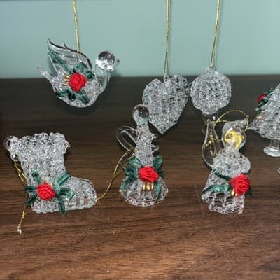 10 Spun Glass Christmas Ornaments Byrd Christmas Tree Star Candle, Angel Bell