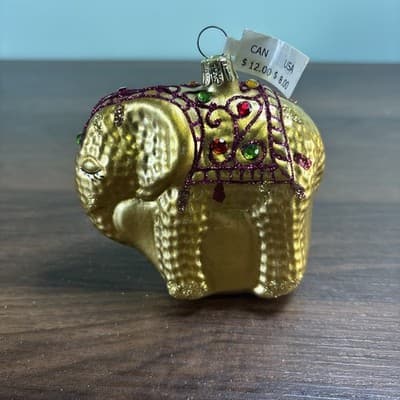 Blown Glass Elephant Christmas Ornament Gold-Tone w Jewels NWT Pier 1 - Thumbnail 4