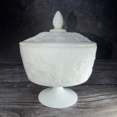VTG Large White Milk Glass Covered Footed Pedestal Candy Dish Bowl Grapes