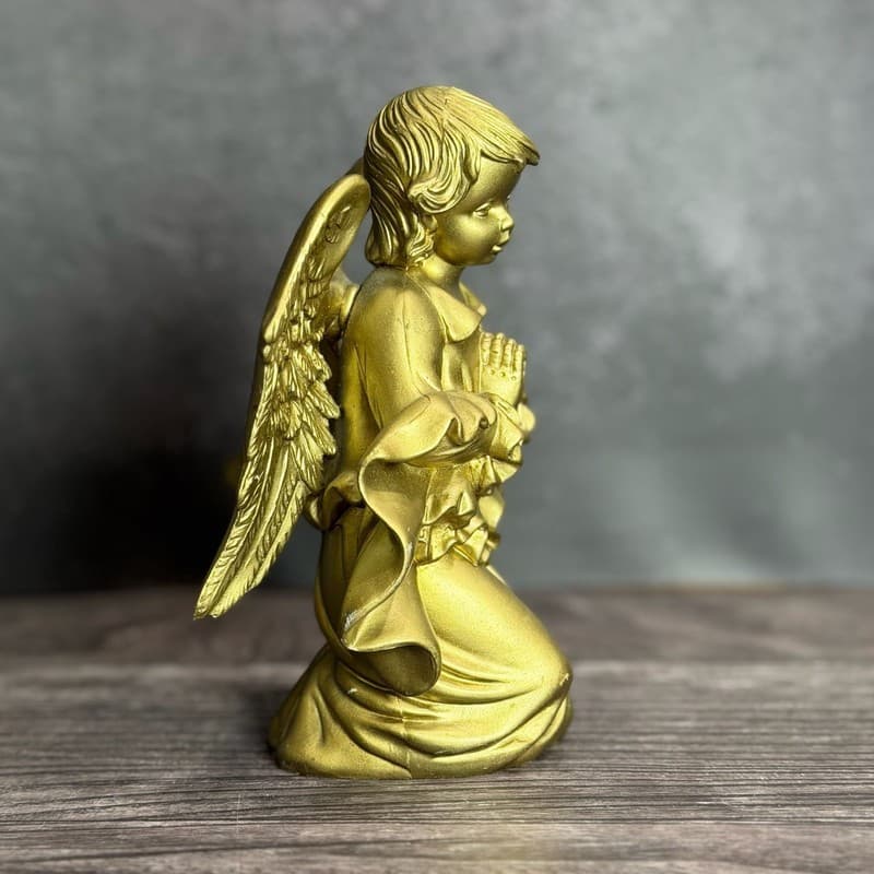 Vintage Italian Gold Painted Resin Kneeling Praying Winged Cherub Angel Figurine - Thumbnail 9