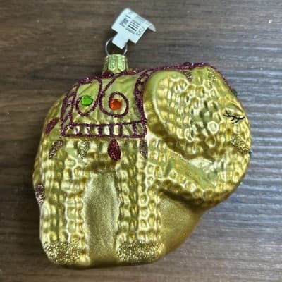 Blown Glass Elephant Christmas Ornament Gold-Tone w Jewels NWT Pier 1