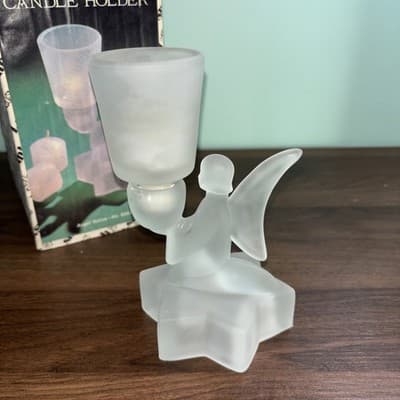 LE Smith Frosted Glass Angel Votive Cup Candle Holder 5.5" Tall Vintage Star - Thumbnail 5