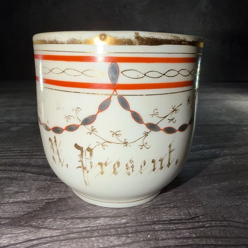 Antique Victorian Porcelain Mustache Cup with Orange Swag and Gold Gilt Design - - Thumbnail 5