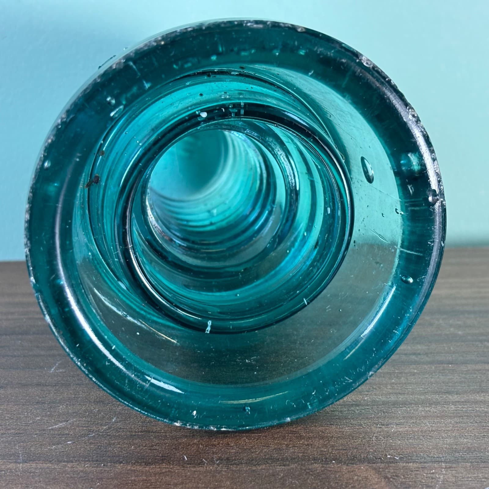 Antique H.G.CO. Aqua Glass Telegraph Insulator Big Bubbles H mark on top Blue - Thumbnail 7