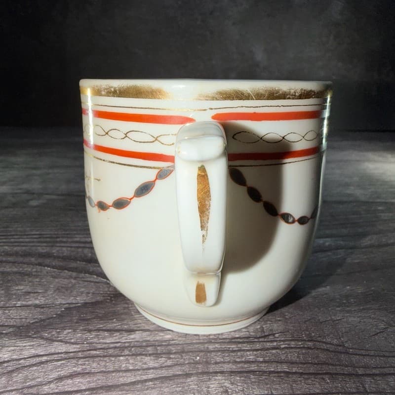 Antique Victorian Porcelain Mustache Cup with Orange Swag and Gold Gilt Design - - Thumbnail 3