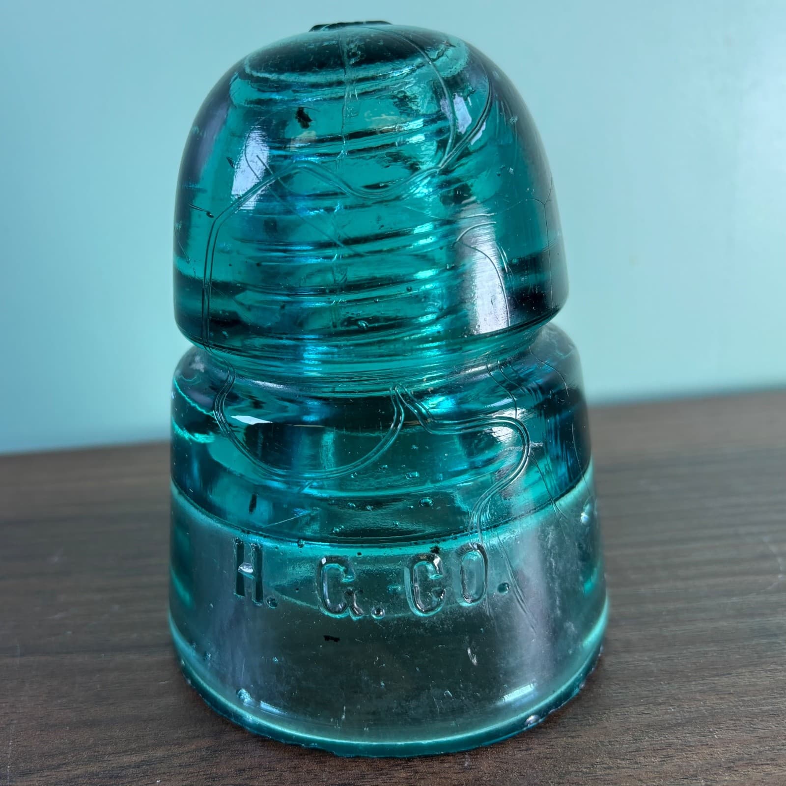 Antique H.G.CO. Aqua Glass Telegraph Insulator Big Bubbles H mark on top Blue - Thumbnail 11