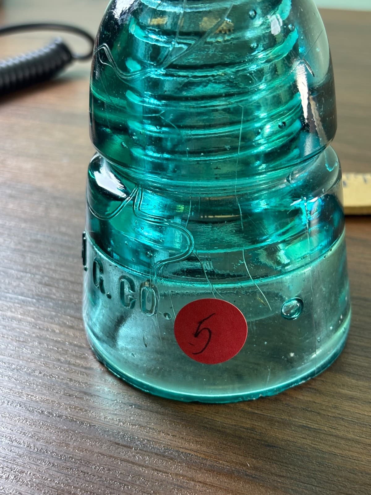Antique H.G.CO. Aqua Glass Telegraph Insulator Big Bubbles H mark on top Blue - Thumbnail 5