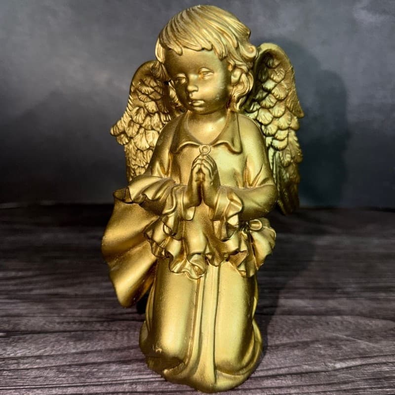 Vintage Italian Gold Painted Resin Kneeling Praying Winged Cherub Angel Figurine