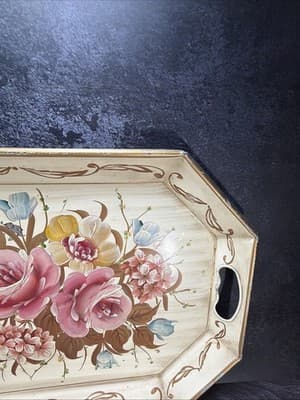 Pilgrim Art Tole Metal Floral Tray Large Handpainted Rectangle Shabby Victorian - Thumbnail 9