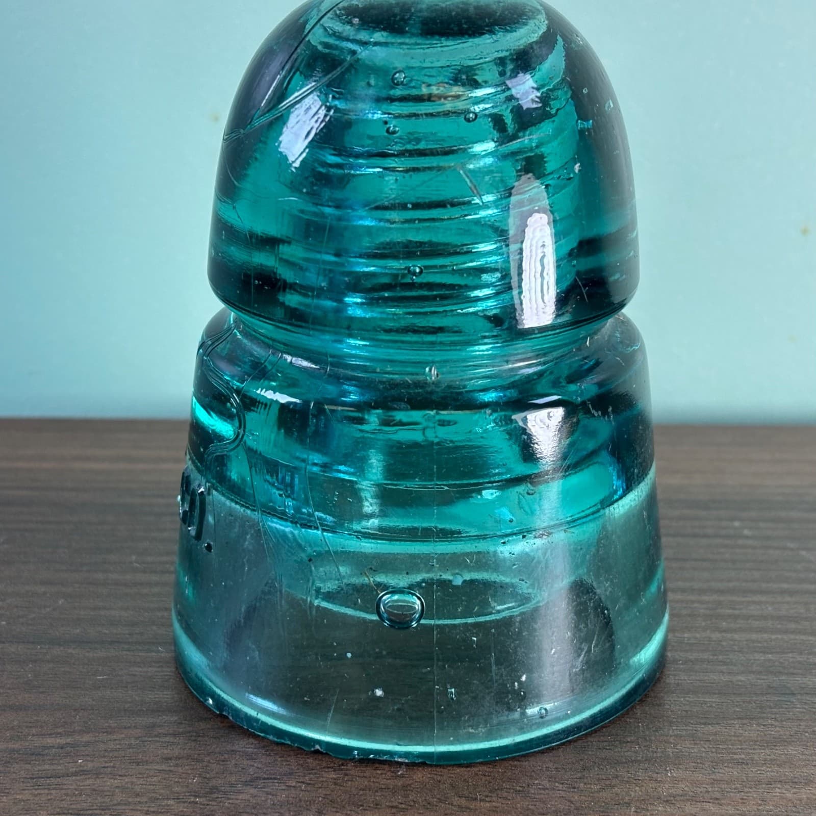 Antique H.G.CO. Aqua Glass Telegraph Insulator Big Bubbles H mark on top Blue - Thumbnail 14