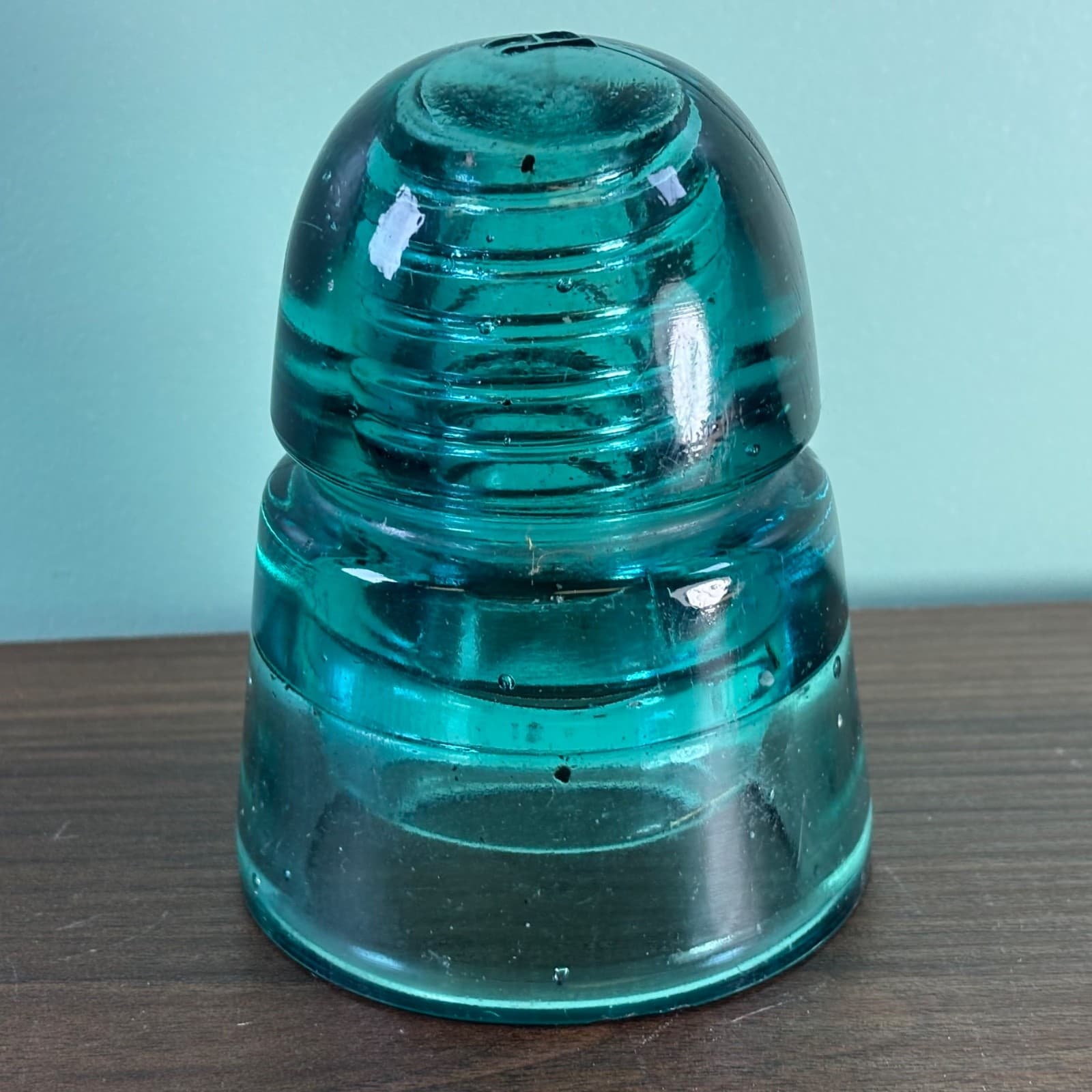 Antique H.G.CO. Aqua Glass Telegraph Insulator Big Bubbles H mark on top Blue - Thumbnail 10
