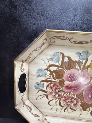 Pilgrim Art Tole Metal Floral Tray Large Handpainted Rectangle Shabby Victorian - Thumbnail 5