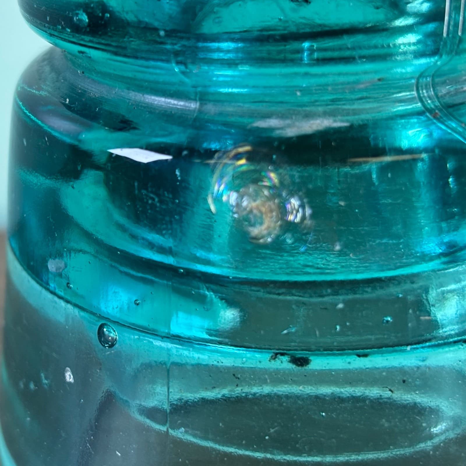 Antique H.G.CO. Aqua Glass Telegraph Insulator Big Bubbles H mark on top Blue - Thumbnail 8