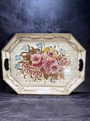 Pilgrim Art Tole Metal Floral Tray Large Handpainted Rectangle Shabby Victorian