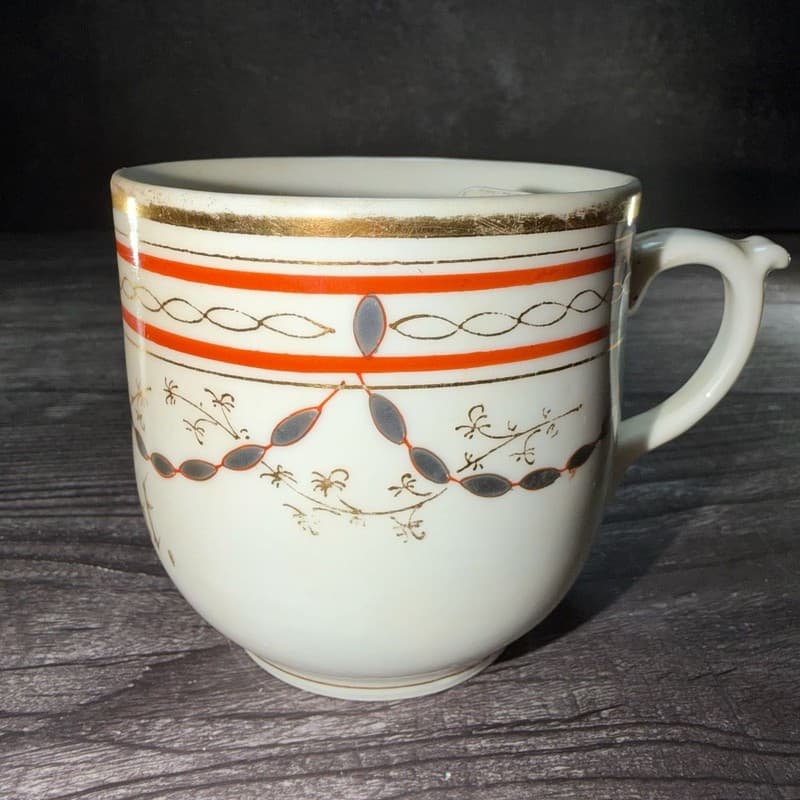Antique Victorian Porcelain Mustache Cup with Orange Swag and Gold Gilt Design -