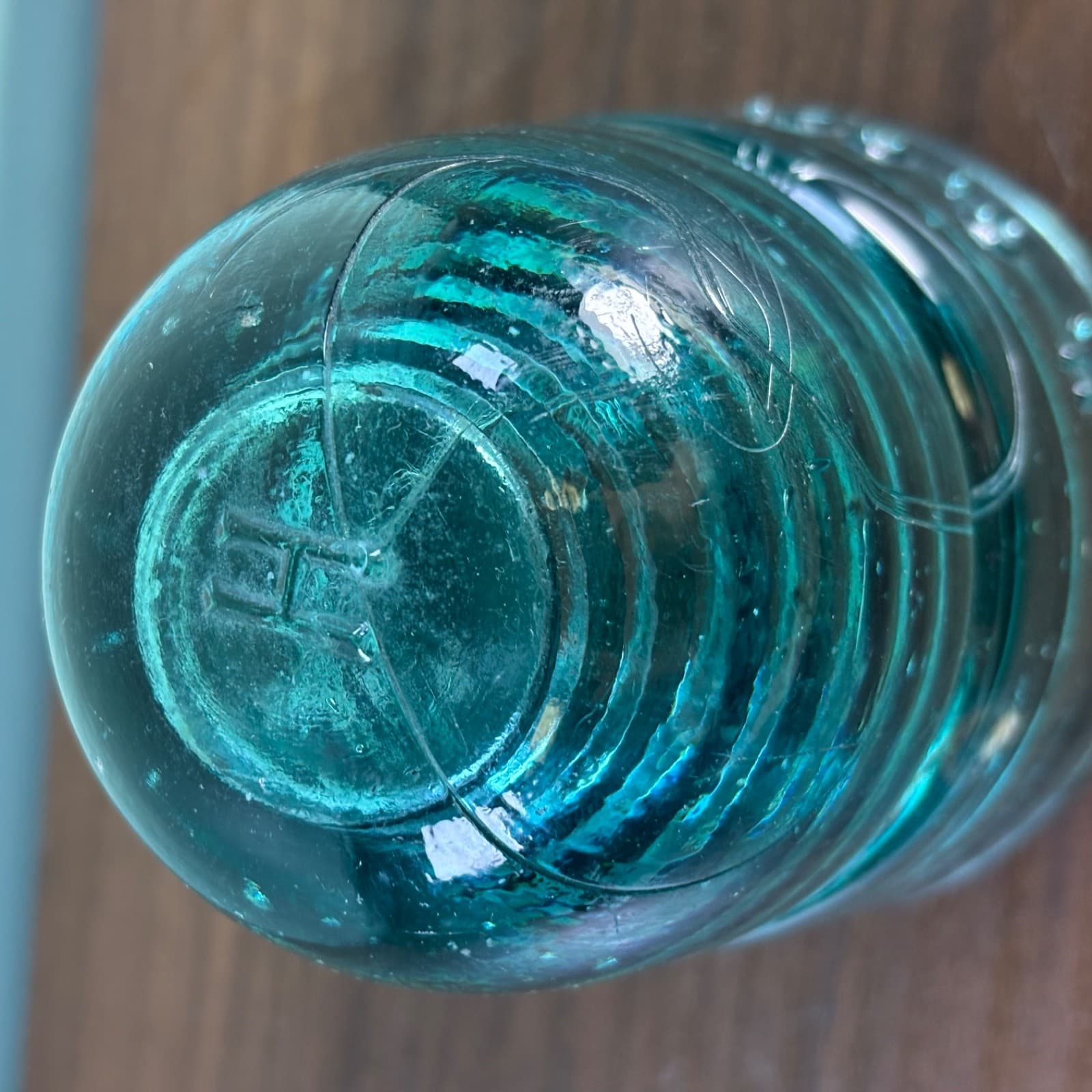 Antique H.G.CO. Aqua Glass Telegraph Insulator Big Bubbles H mark on top Blue - Thumbnail 6