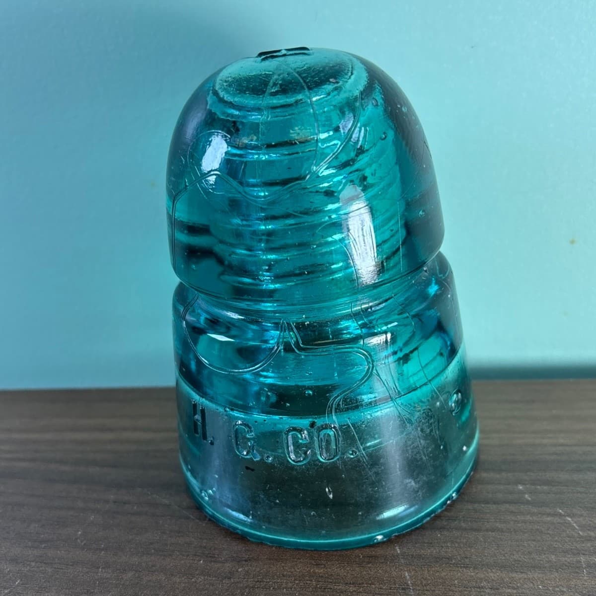 Antique H.G.CO. Aqua Glass Telegraph Insulator Big Bubbles H mark on top Blue - Thumbnail 16