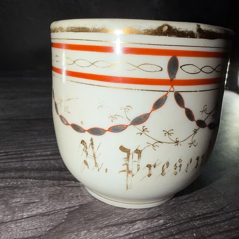 Antique Victorian Porcelain Mustache Cup with Orange Swag and Gold Gilt Design - - Thumbnail 8