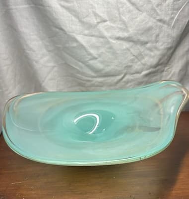 Vintage Hand blown Art Glass Dish Sea Foam Green Art Deco Abstract Swirls - Thumbnail 7