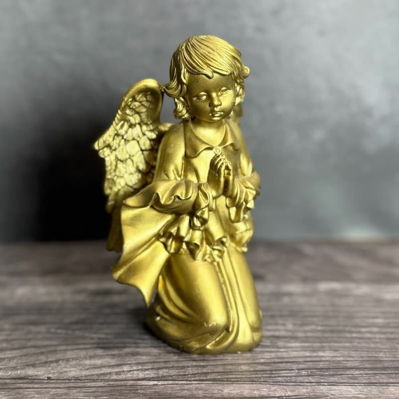Vintage Italian Gold Painted Resin Kneeling Praying Winged Cherub Angel Figurine - Thumbnail 4