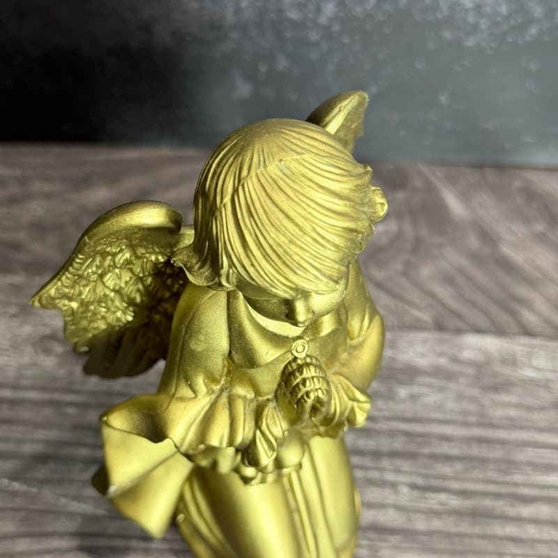 Vintage Italian Gold Painted Resin Kneeling Praying Winged Cherub Angel Figurine - Thumbnail 3