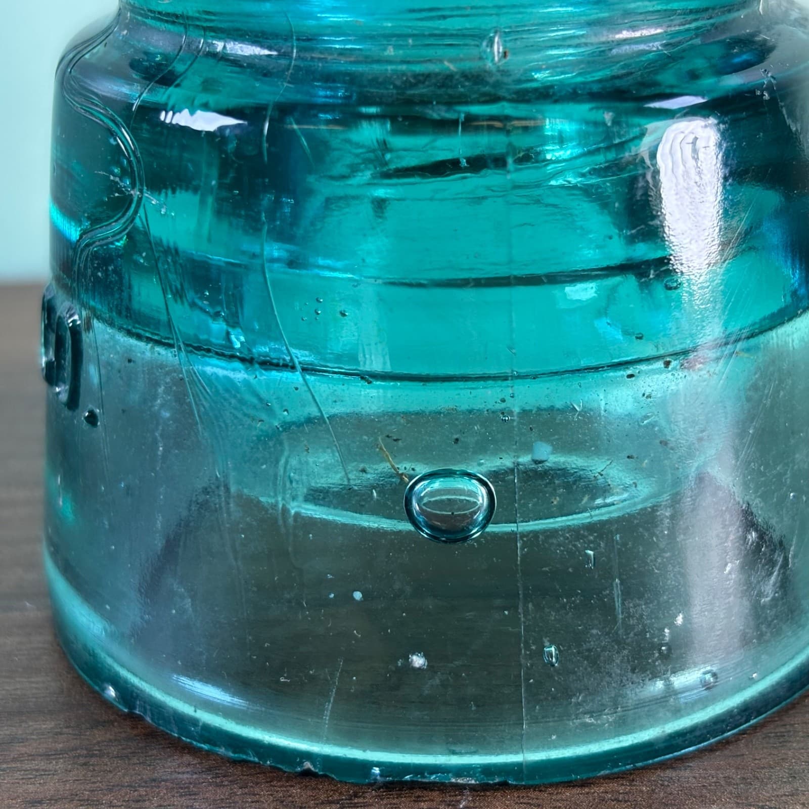 Antique H.G.CO. Aqua Glass Telegraph Insulator Big Bubbles H mark on top Blue - Thumbnail 15