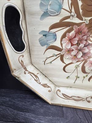Pilgrim Art Tole Metal Floral Tray Large Handpainted Rectangle Shabby Victorian - Thumbnail 6