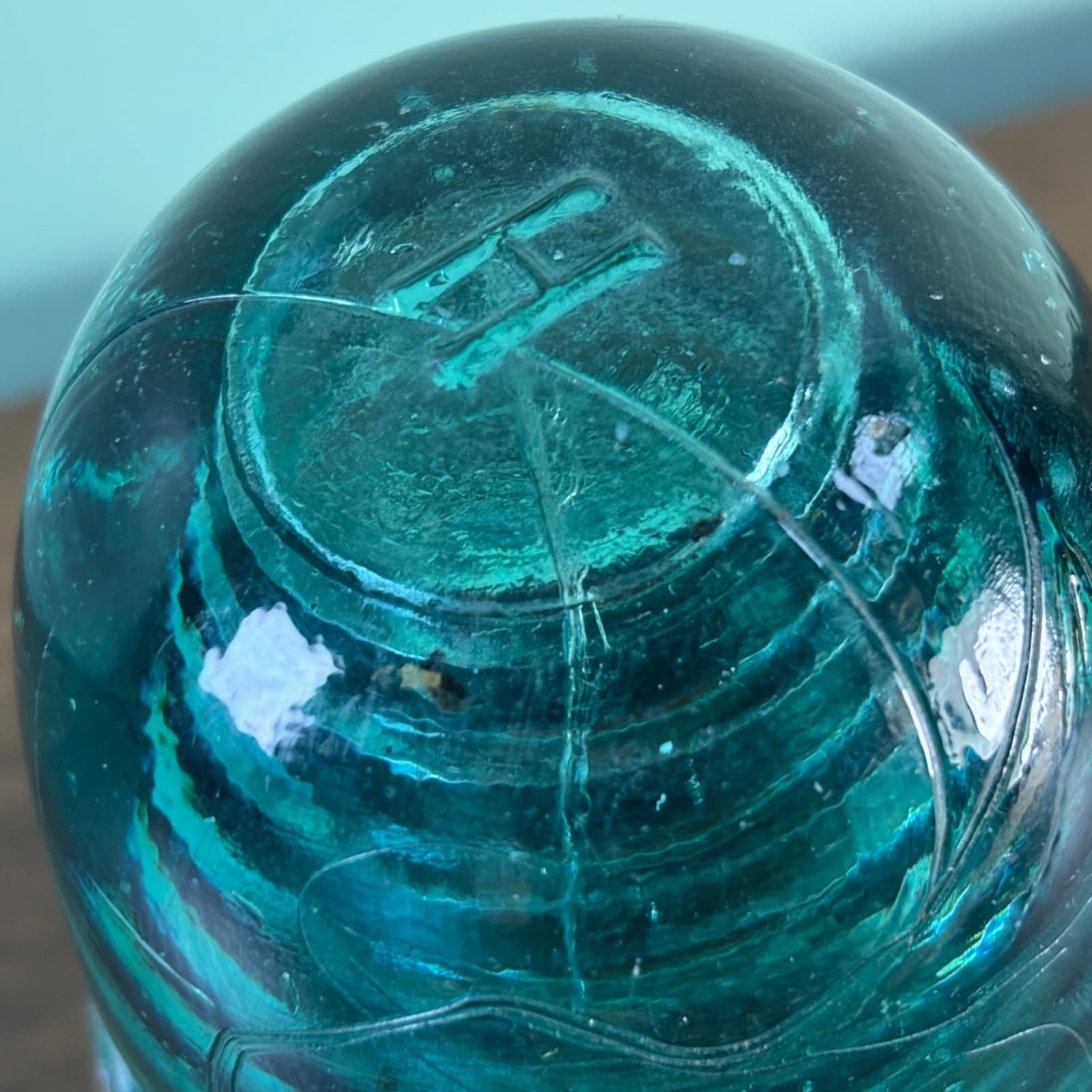 Antique H.G.CO. Aqua Glass Telegraph Insulator Big Bubbles H mark on top Blue - Thumbnail 13