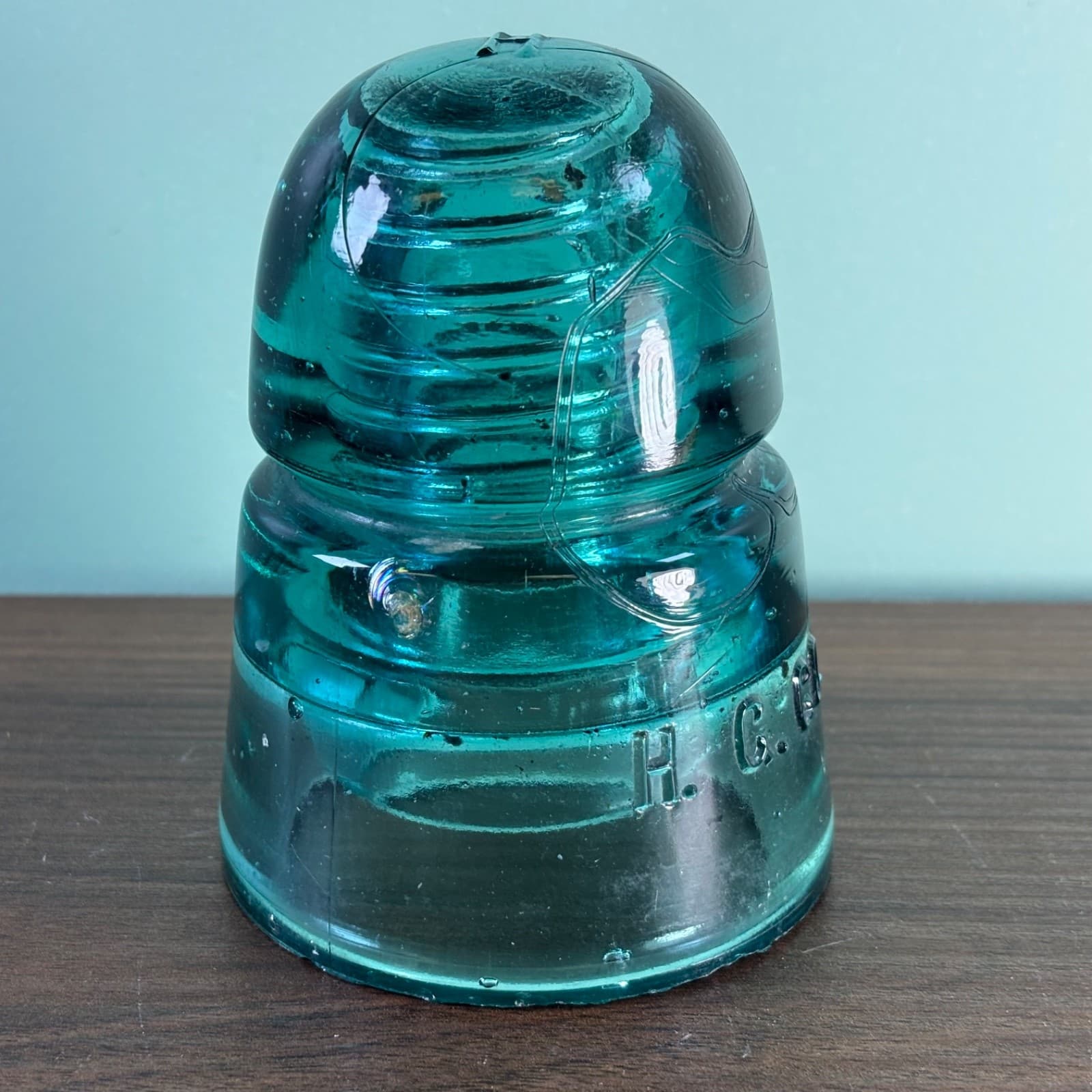 Antique H.G.CO. Aqua Glass Telegraph Insulator Big Bubbles H mark on top Blue - Thumbnail 9