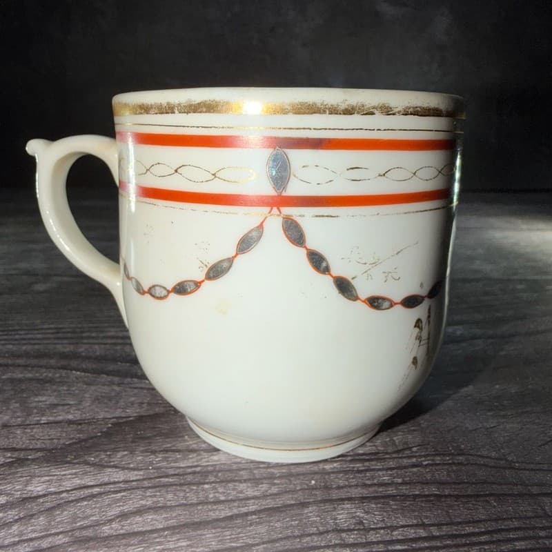 Antique Victorian Porcelain Mustache Cup with Orange Swag and Gold Gilt Design - - Thumbnail 4