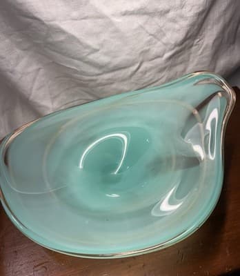 Vintage Hand blown Art Glass Dish Sea Foam Green Art Deco Abstract Swirls - Thumbnail 8