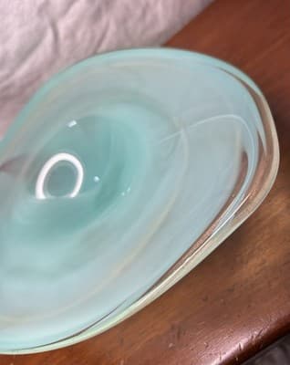 Vintage Hand blown Art Glass Dish Sea Foam Green Art Deco Abstract Swirls - Thumbnail 4